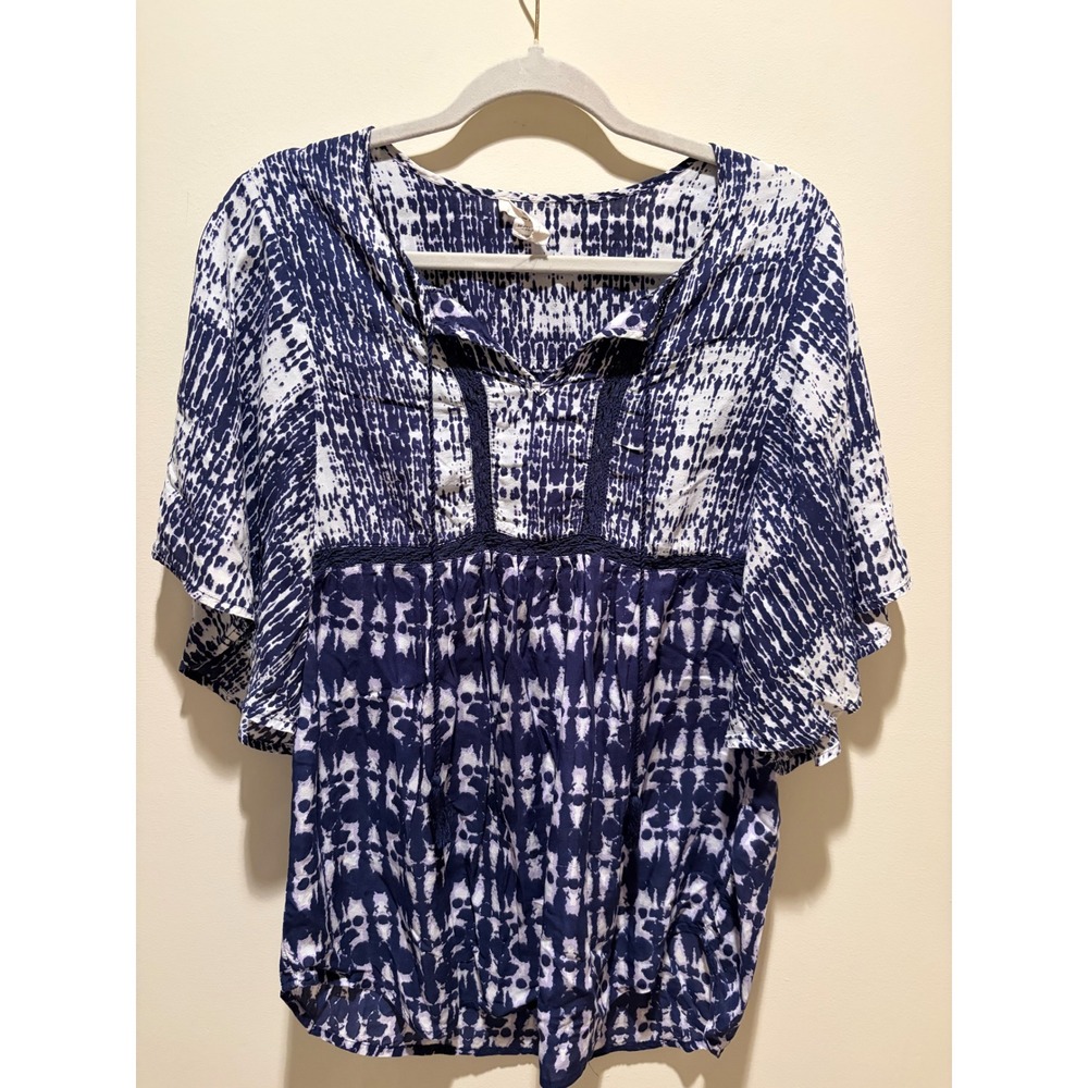 BLL New York Women Blue White Tie Dye Boho Crochet Lace Trim Viscose Blouse M